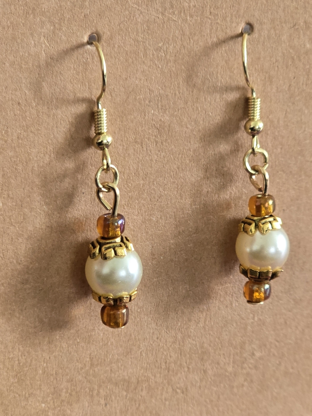 Pearl & Amber Glass Bead Drop Earrings - Gold Tone Handmade NWT